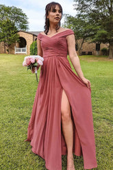 Chiffon Off the Shoulder Long Bridesmaid Dress with Slit