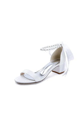 Block Heel Sandal Adorned with Pearl Ankle Band and Ribbon Bow