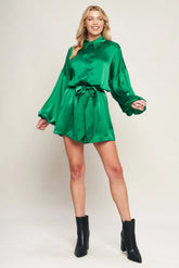 CELEBRATION TIME GREEN SATIN ROMPER WITH LONG SLEEVES FINAL SALE