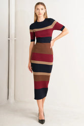 BLACK BURGUNDY COLOR BLOCKED MIDI SWEATER DRESS