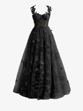 Black A line Butterfly Lace Lilac Corset Prom Dress with Slit