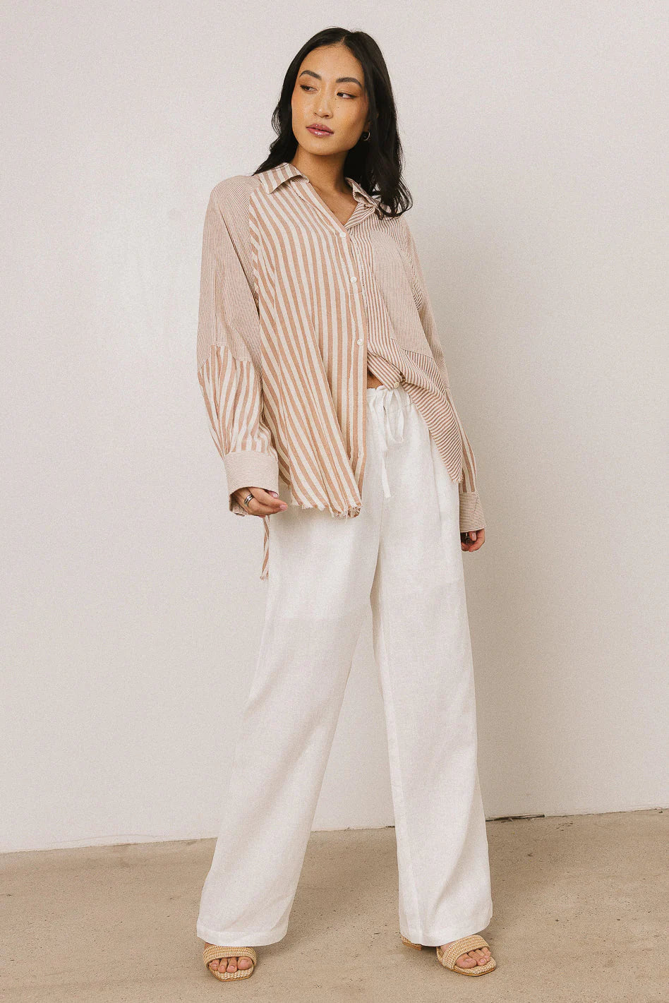 Gia Striped Button Up in Taupe FINAL SALE