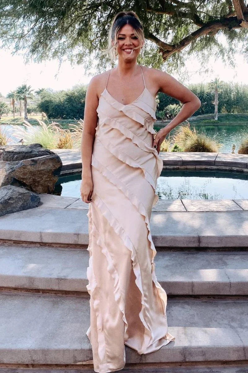 Straps Sheath Champagne Ruffle Maxi Bridesmaid Dress