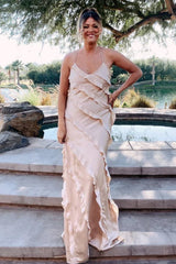 Straps Sheath Champagne Ruffle Maxi Bridesmaid Dress