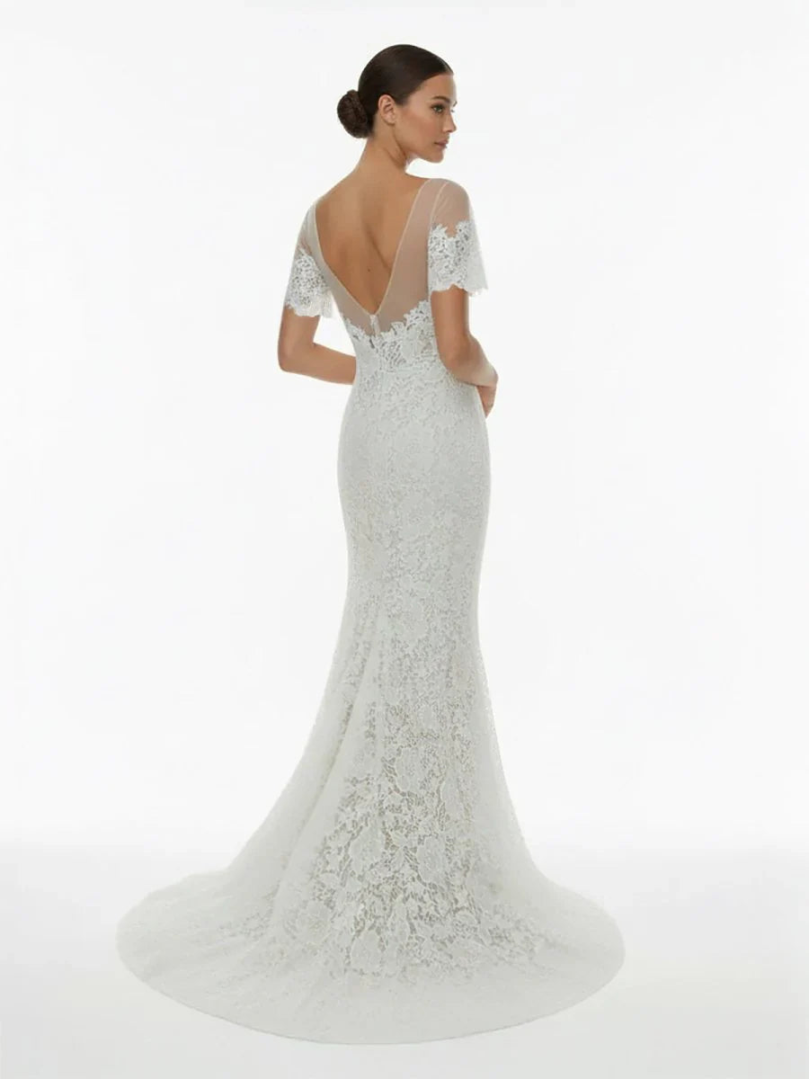 Mermaid Scoop Illusion Neck Floral Wedding Dress