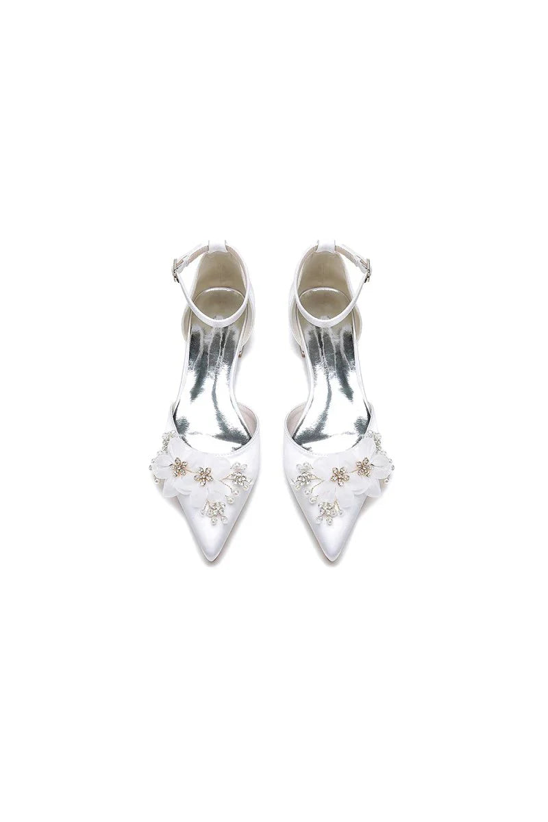 Ankle Strap Pointed Toe Low Heels with Rhinestone Flower