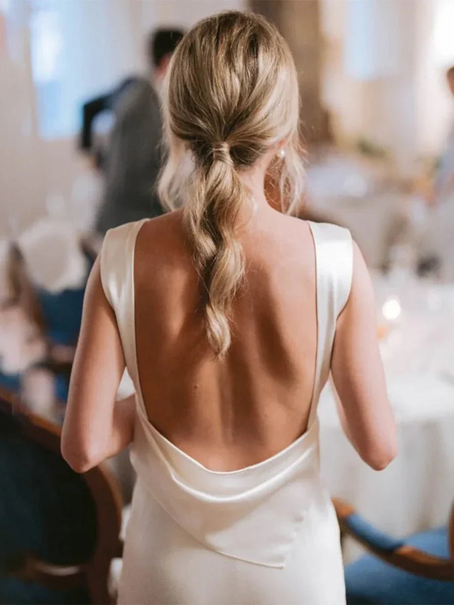 Sheath High Bateau Neck Backless Silk Satin Wedding Dress