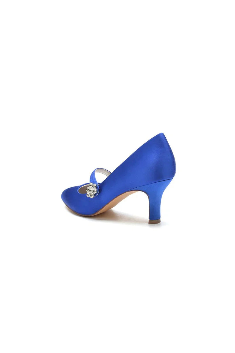 Round Toe Crystal Buckle Strap Chunky Heels