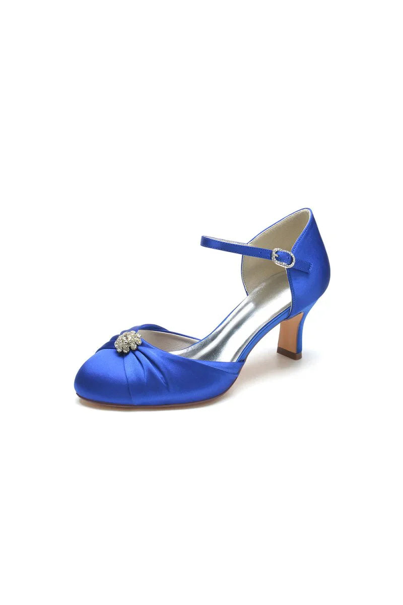 Satin Pointed Toe Strap Buckle Stiletto Heels With Rhinestone
