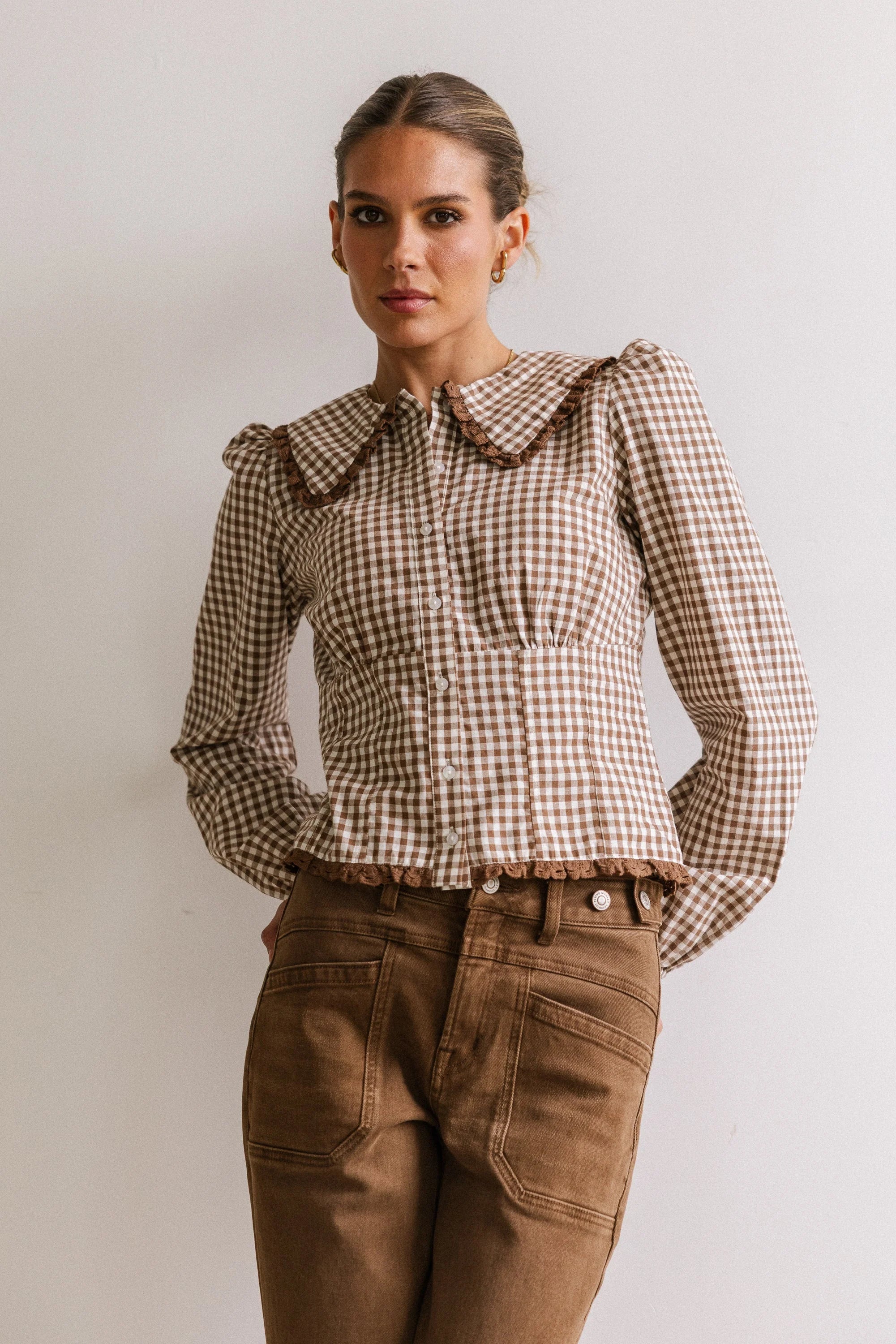 Brenna Gingham Blouse in Mocha FINAL SALE