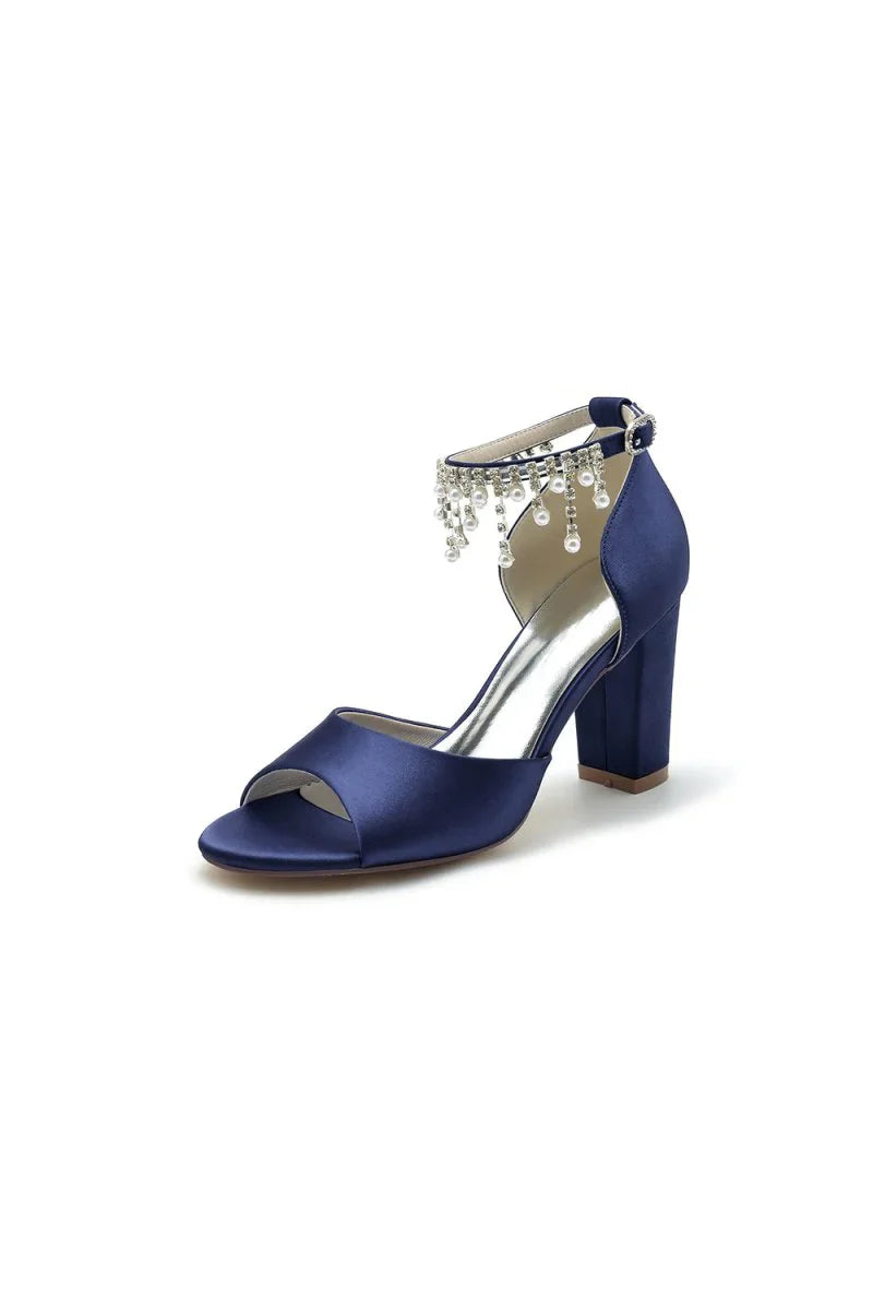 Open Toe Pearl Tassel Satin Chunky Heels