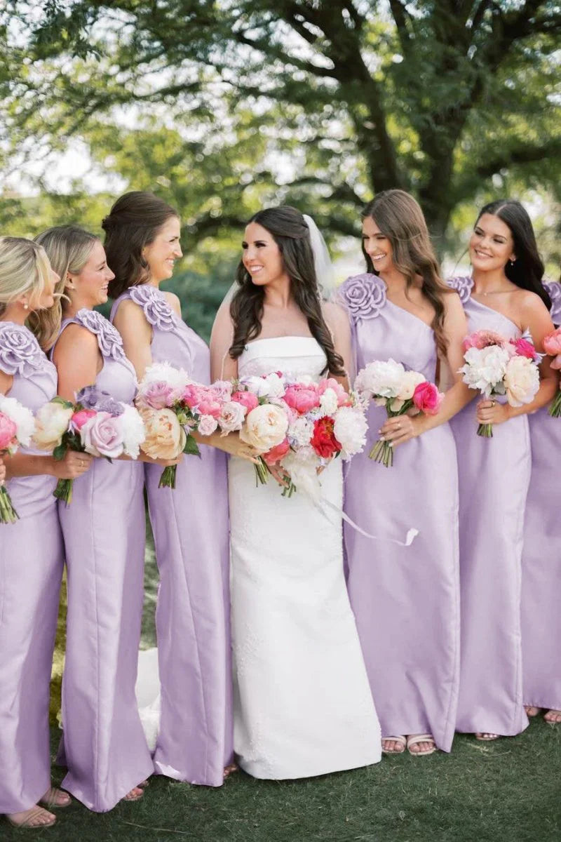 Pink One Shoulder Sheath Flower Sleeveless Satin Long Bridesmaid Dress