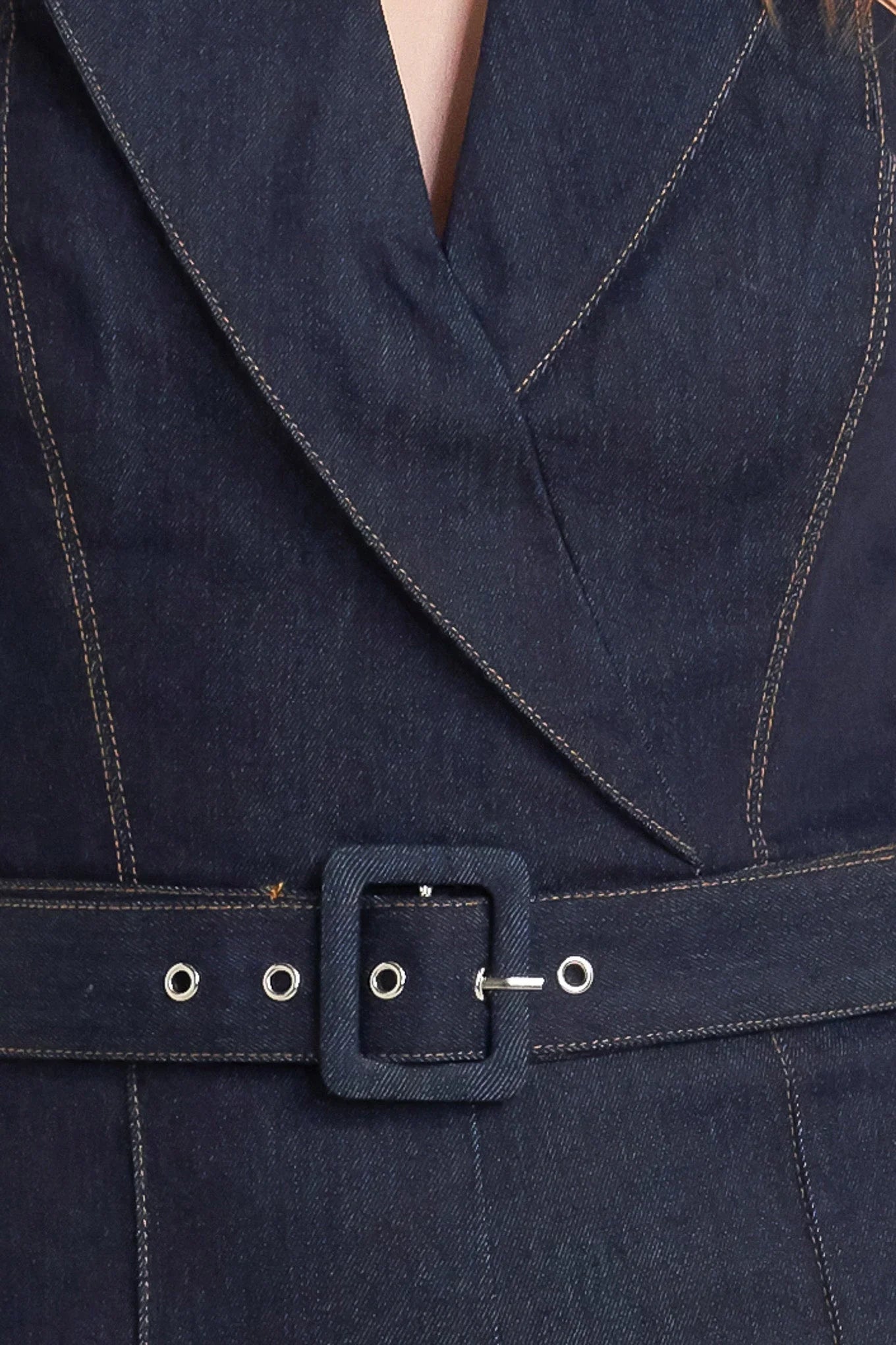 LE BONHEUR V CUT VOW DENIM JUMPSUIT