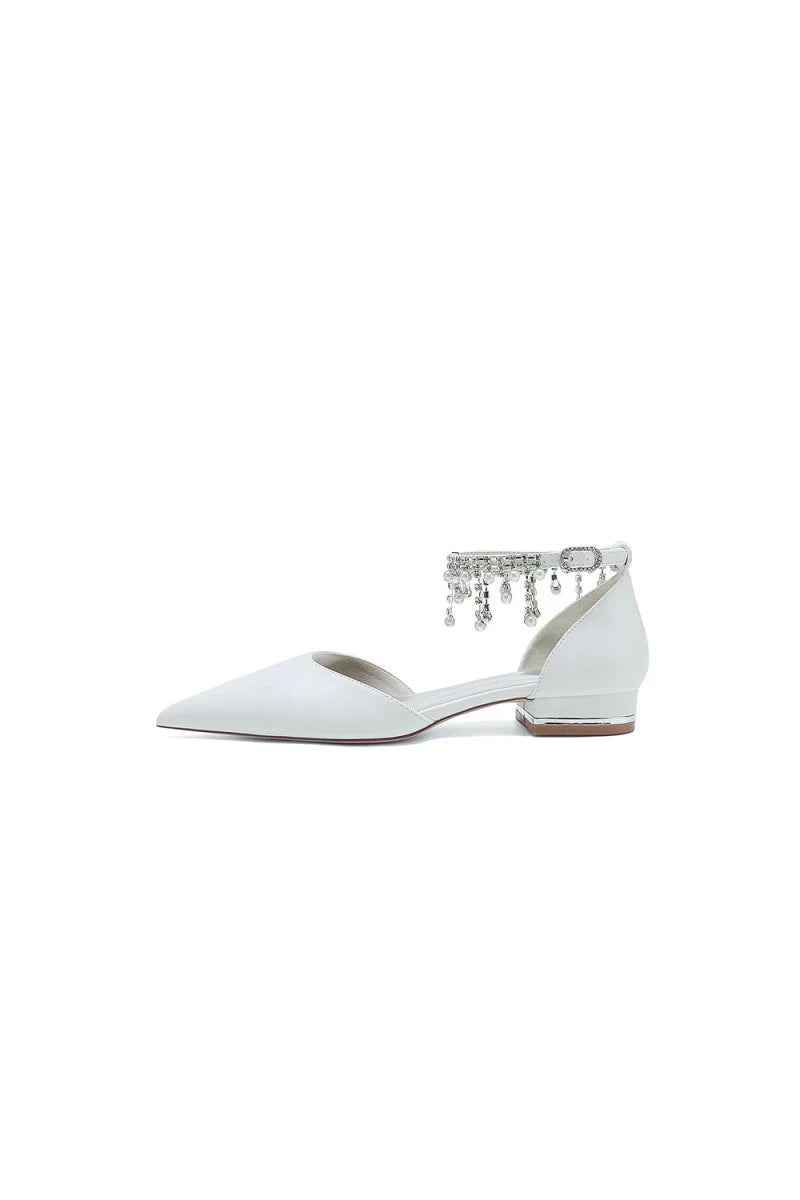 White Pearl Beaded Ankle Strap Pointed Toe Low Heels