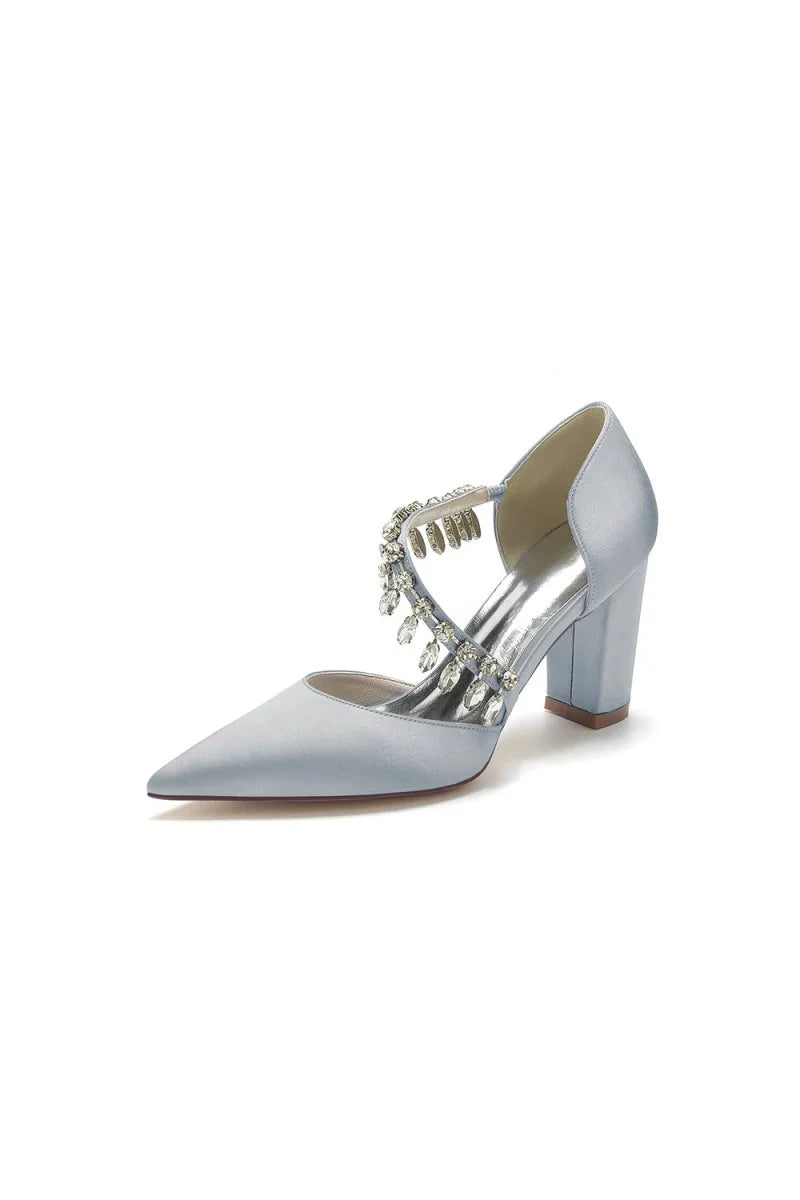 Pointed Toe Rhinestone Tassel Strappy Chunky Heels
