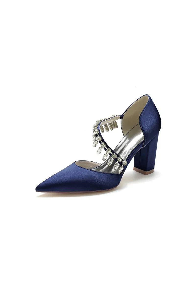Pointed Toe Rhinestone Tassel Strappy Chunky Heels