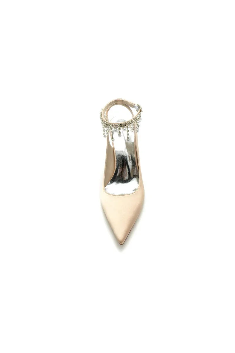 Pointed Toe Satin Chunky Heels With Pearl Tassel
