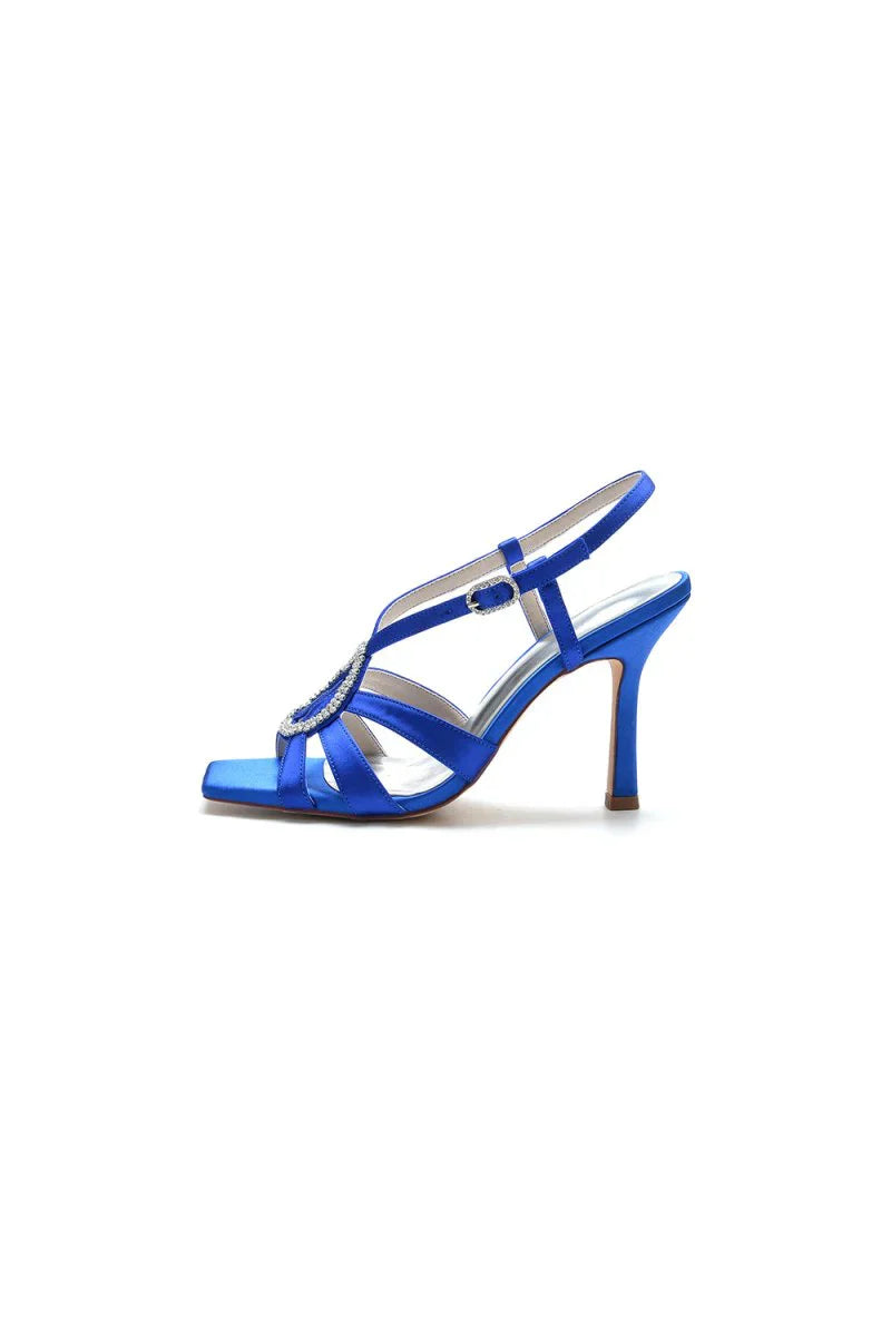Square Open Toe Beaded Hollow Out Satin Prom Shoes