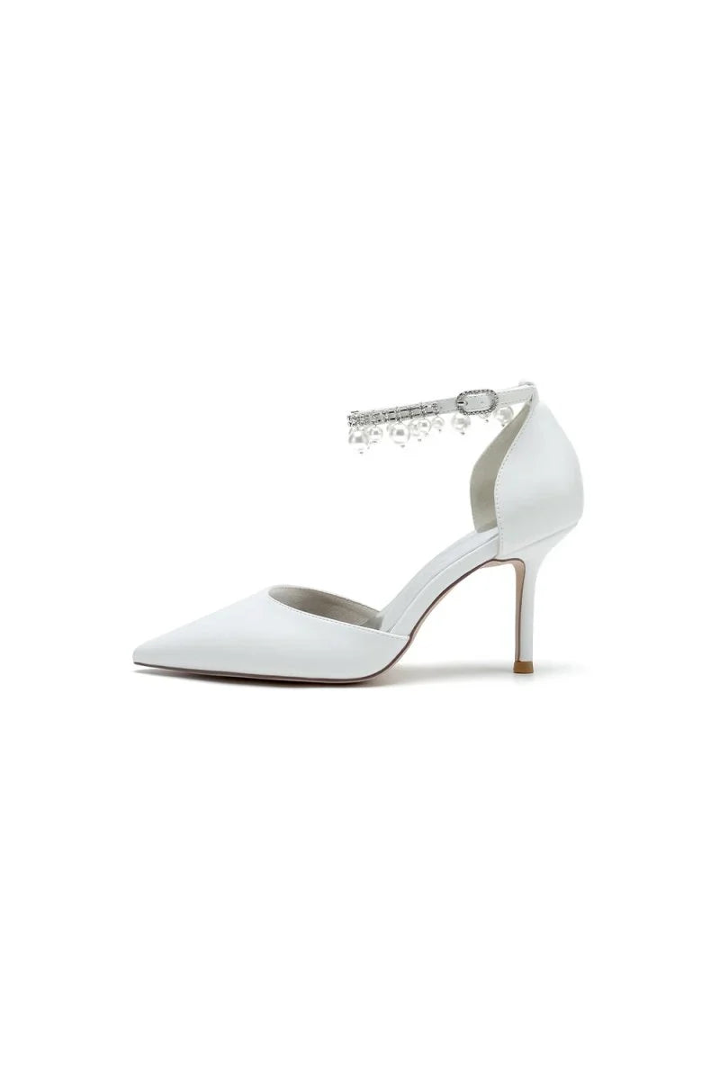 Satin Pointed Toe Pearl Beaded Ankle Strap Simple Wedding Shoes