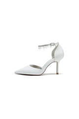 Satin Pointed Toe Pearl Beaded Ankle Strap Simple Wedding Shoes