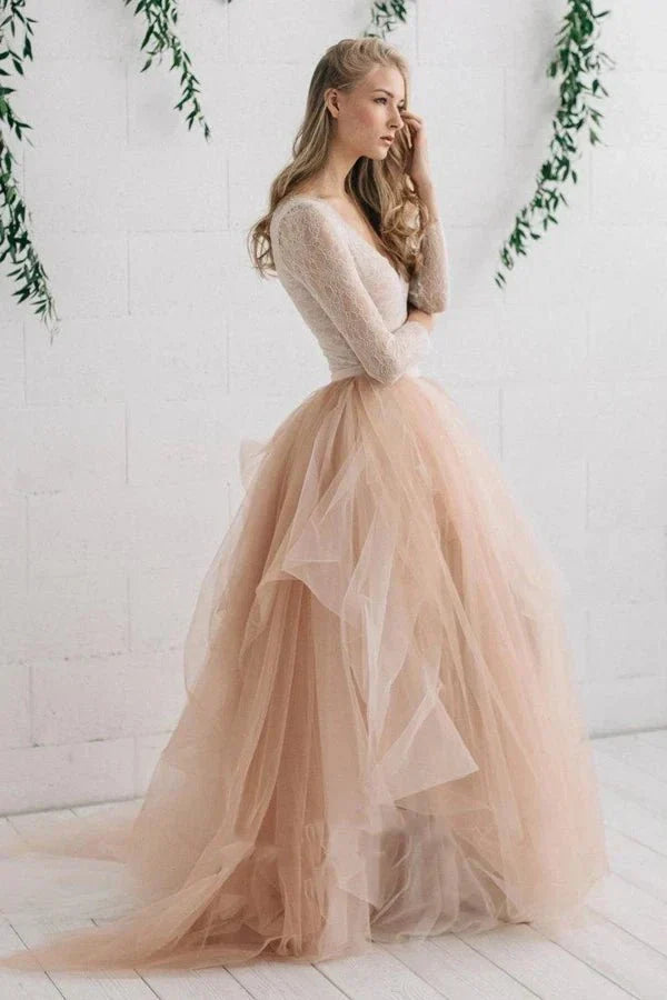 Tulle Satin Tiers Zipper V Neck Long Sleeves Wedding Dress
