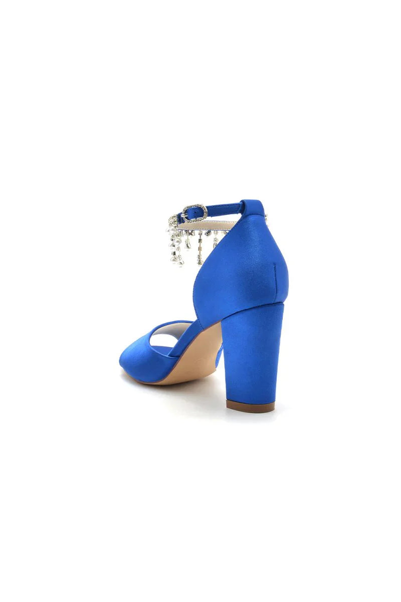 Open Toe Pearl Tassel Satin Chunky Heels