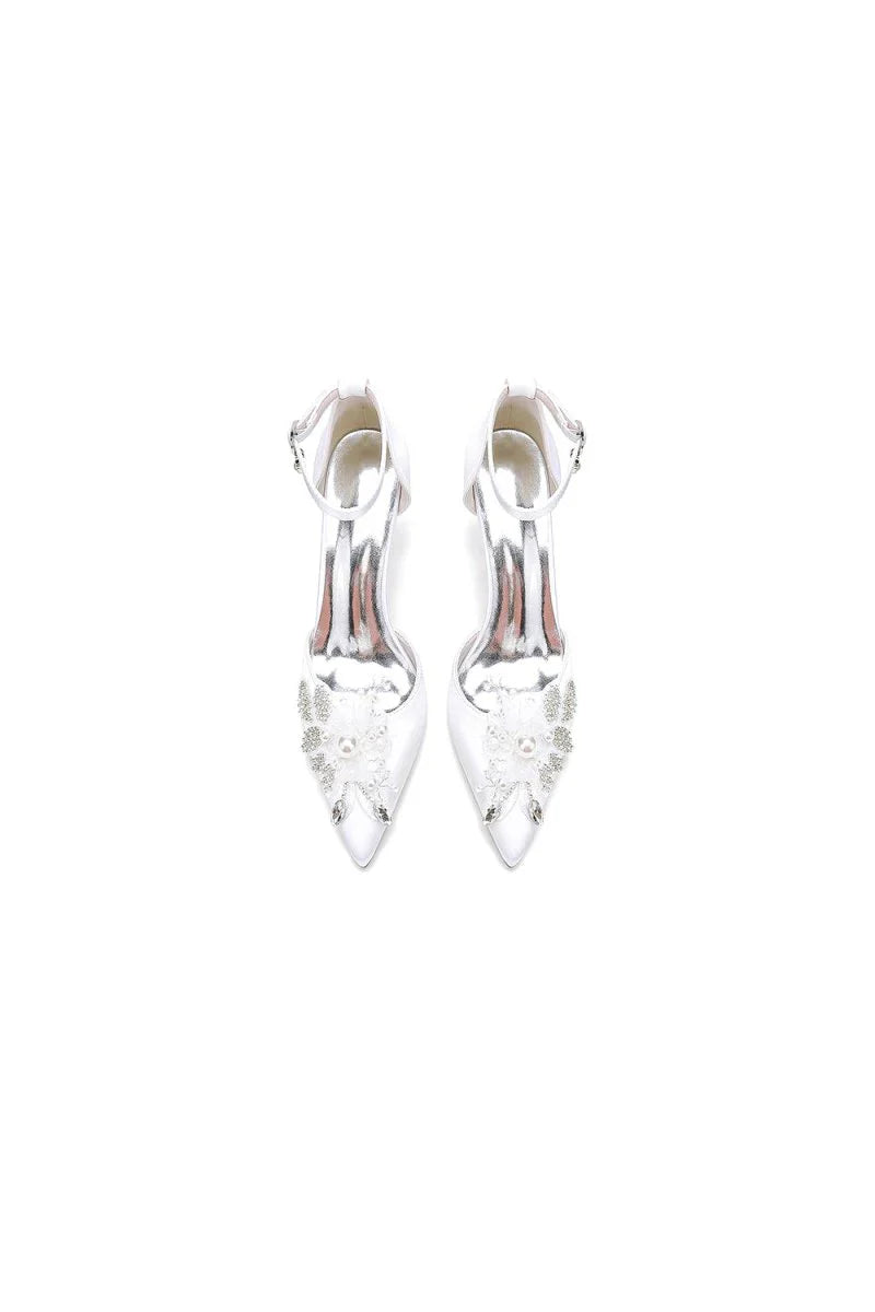 Elegant Ankle Strap White Wedding Shoes With Rhinestone Flower