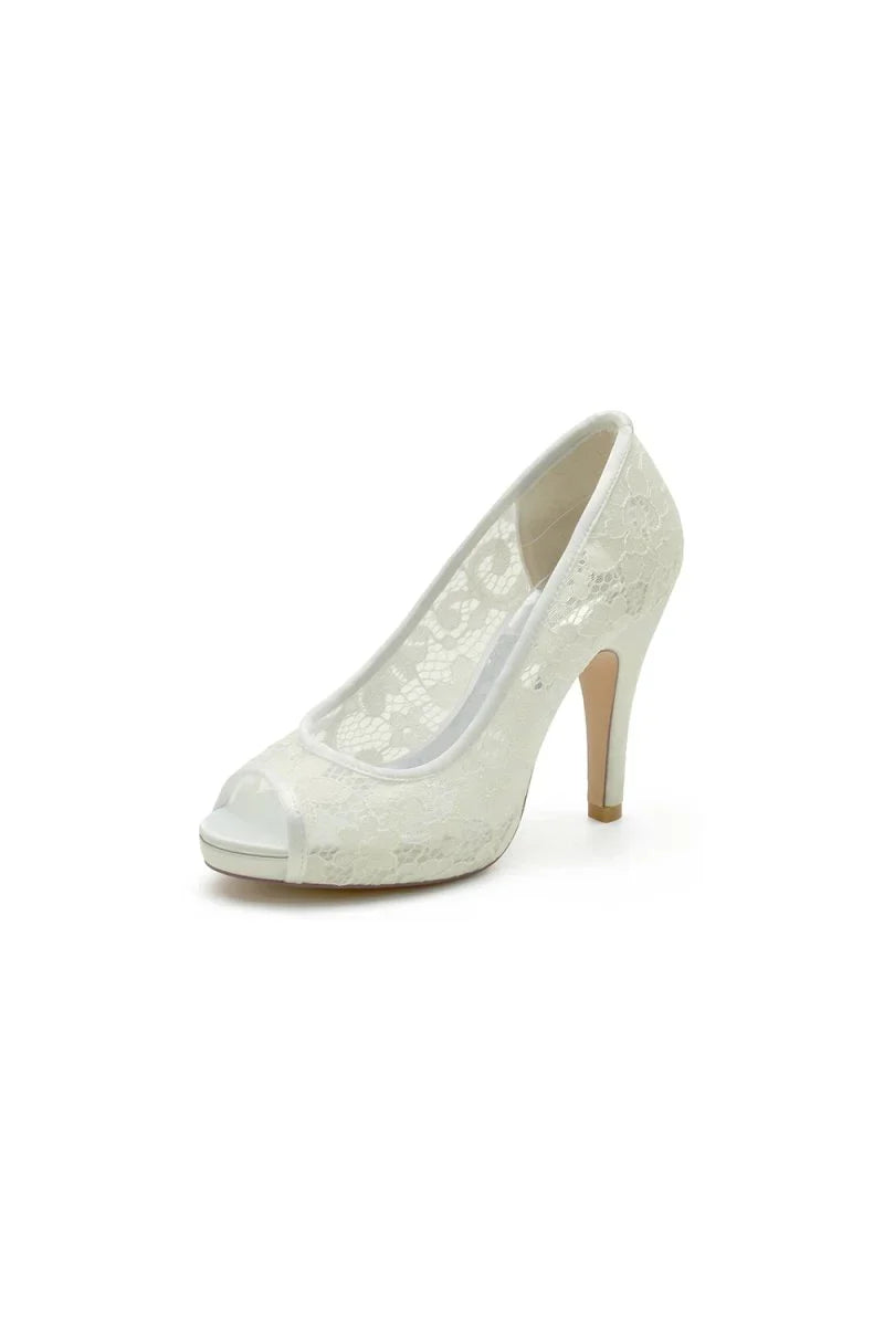 Champagne High Heels with Lace Embellishments