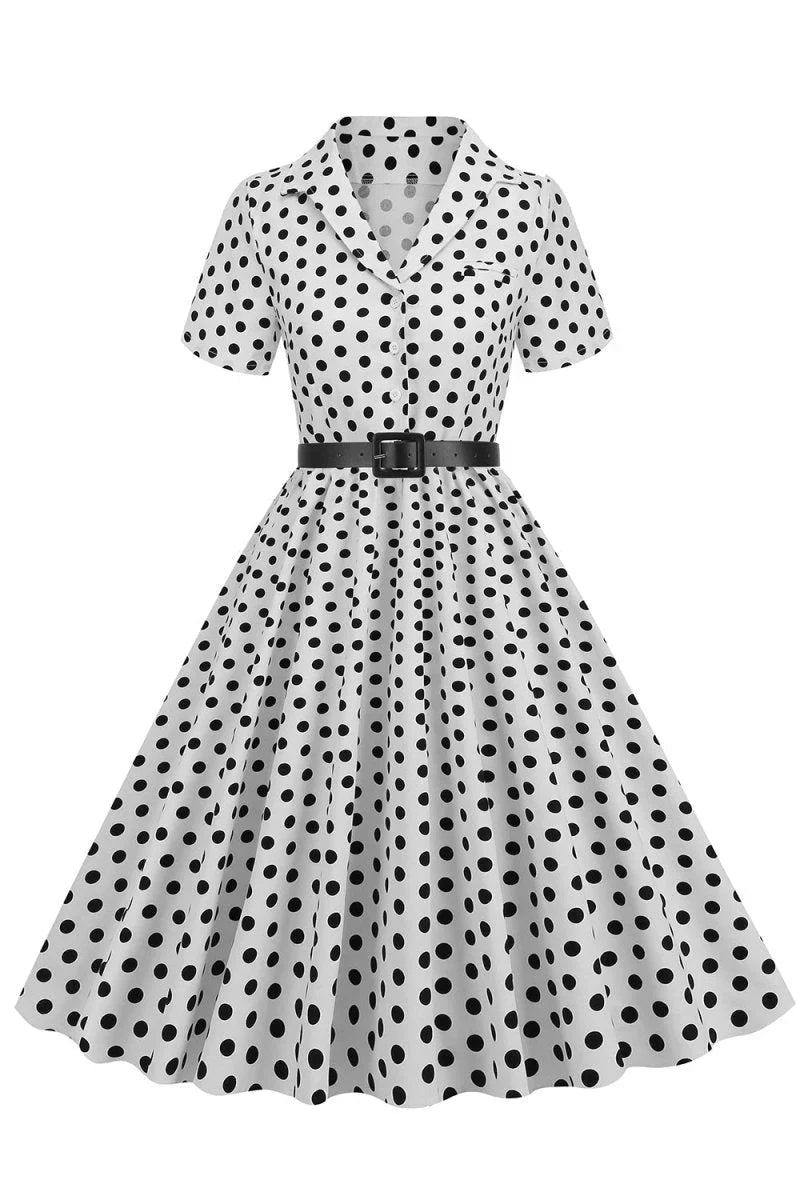 Hepburn Style V Neck Blue Polka Dots 1950s Dress