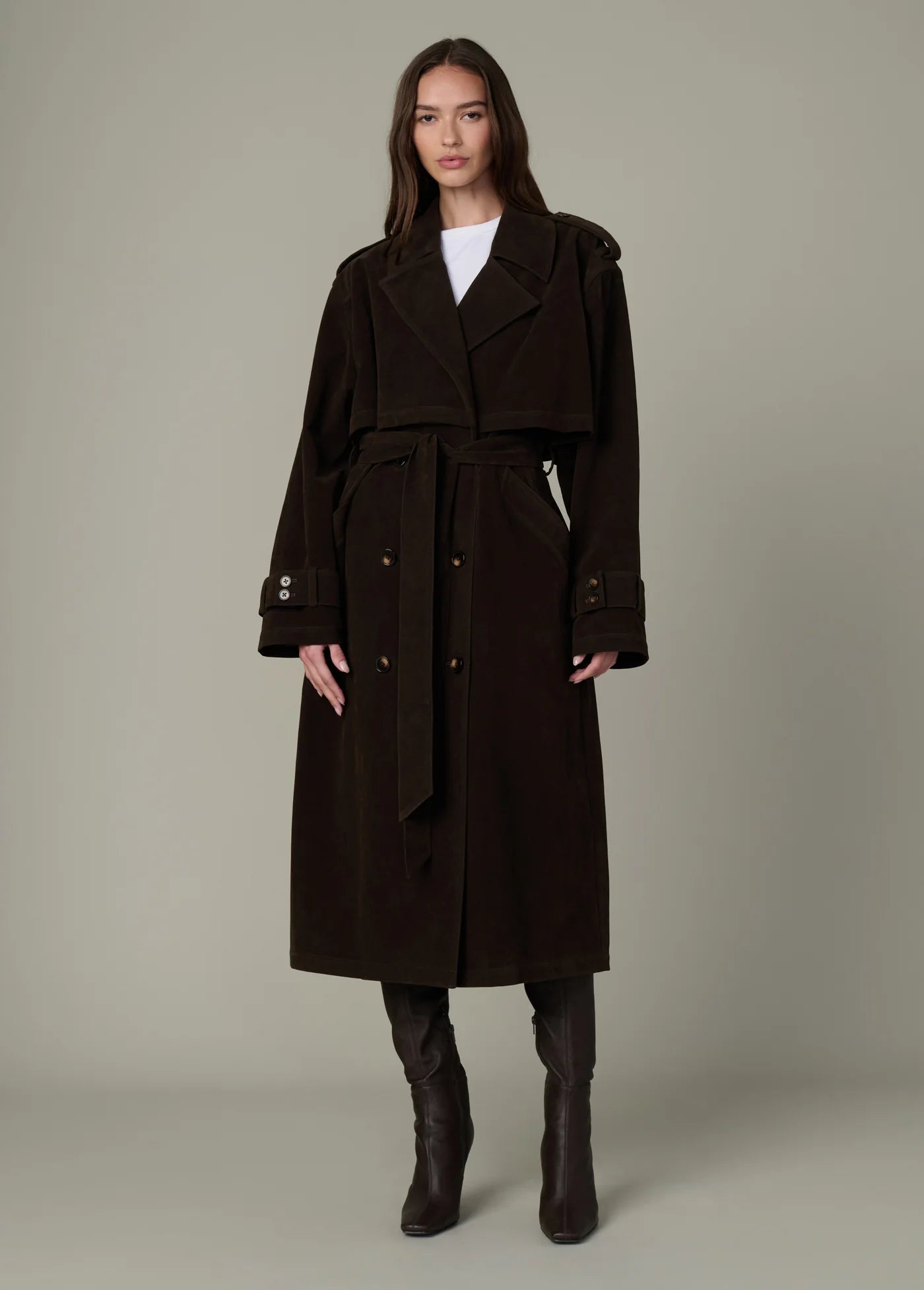 THE ELIZABETH VEGAN SUEDE TRENCH COAT