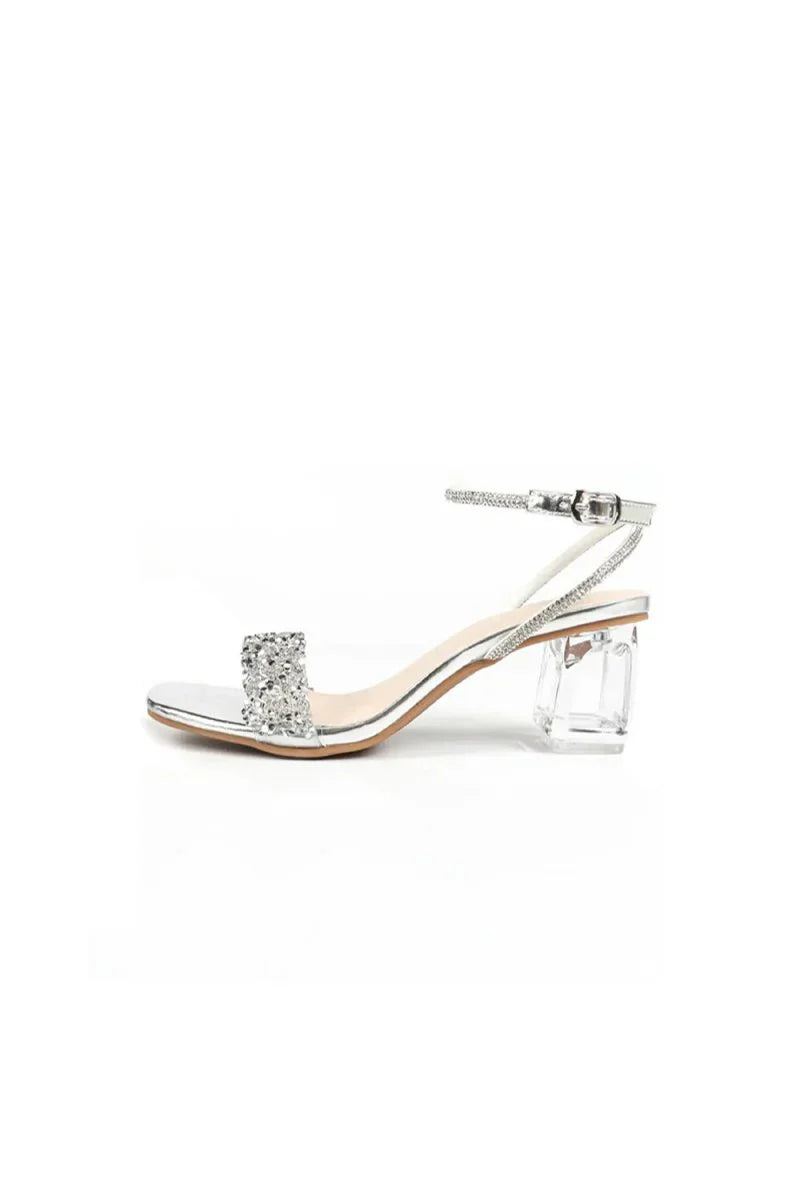 Silver Sequined Ankle Buckle Open Toe Chunky Heels