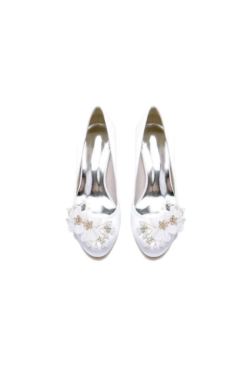 Rhinestone White Chunky Heels with Flower