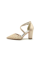 White Cross Strap Pump with Delicate Flower Embellishments