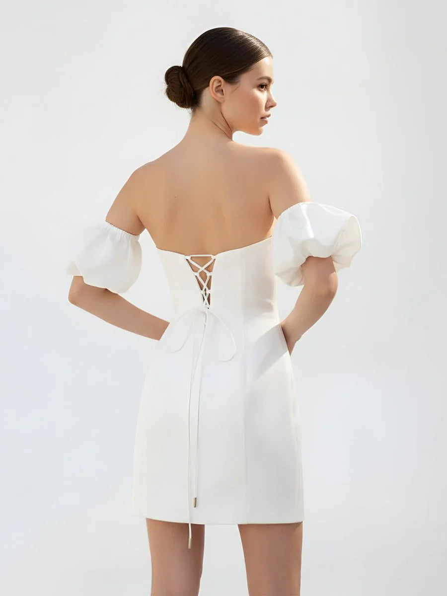 Short Satin White Wedding Dress Strapless Off the Shoulder