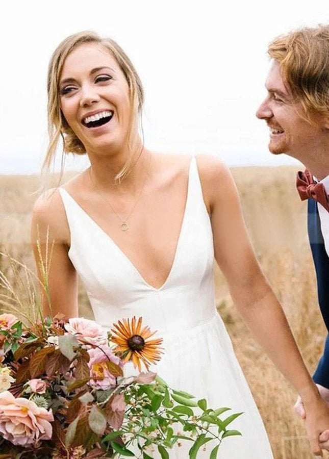 A Line Sleeveless Chiffon Deep V Neck Simple Long Beach Wedding Dress
