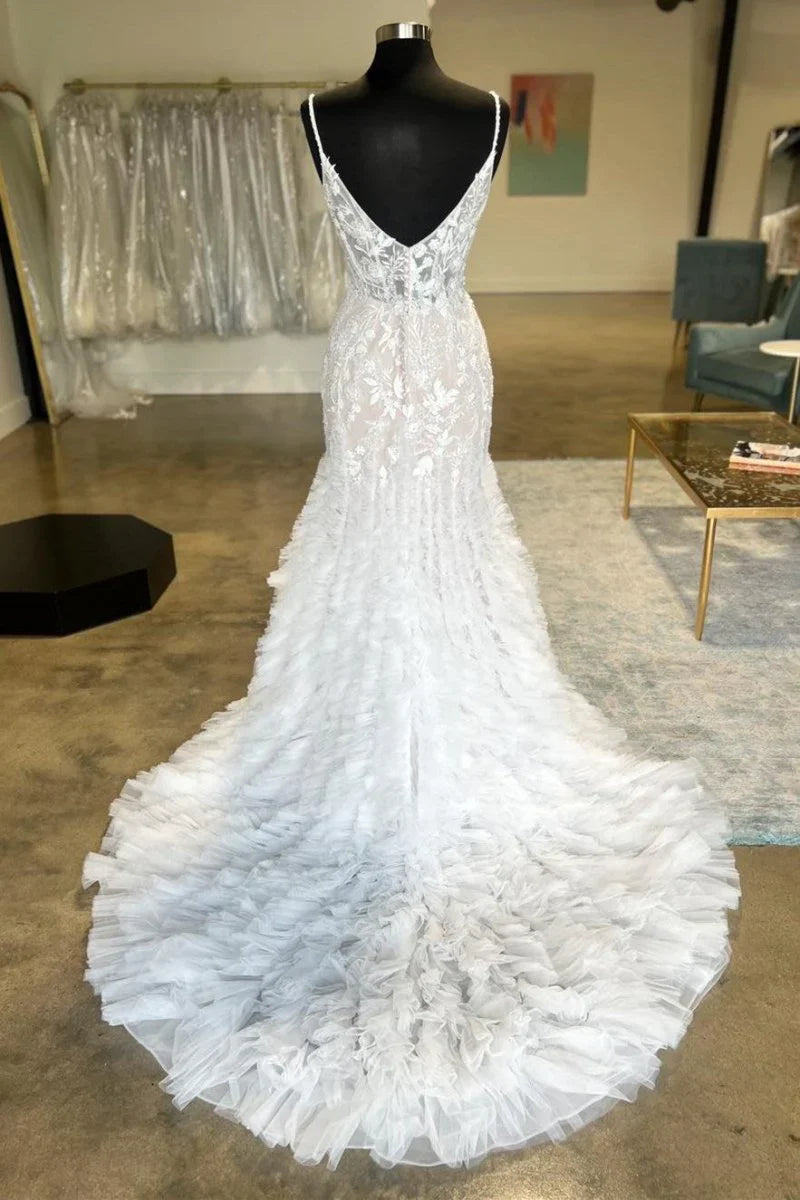 Ivory Spaghetti Strap Ruffles Trumpet Long Wedding Dress