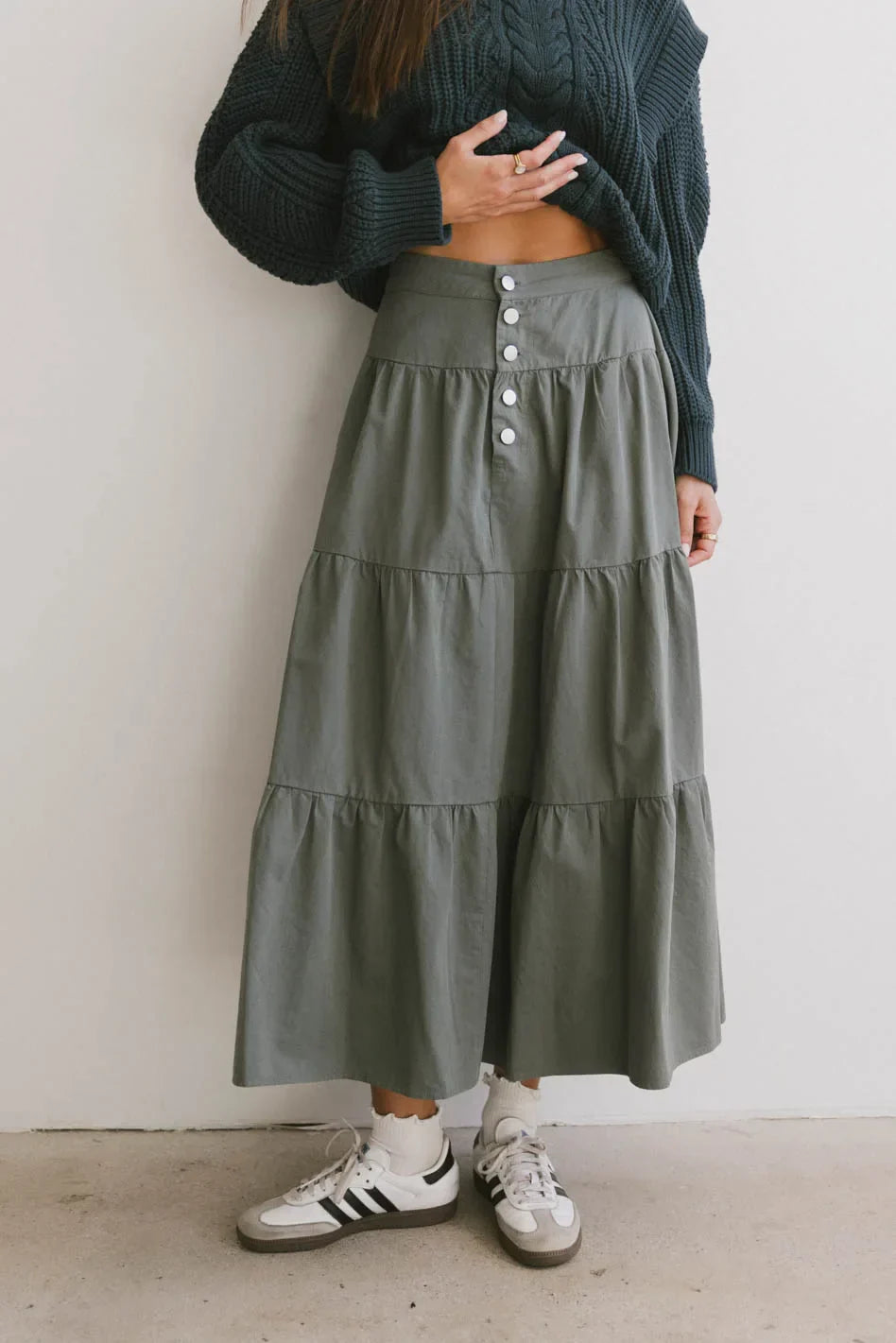Luna Tiered Maxi Skirt in Sage FINAL SALE