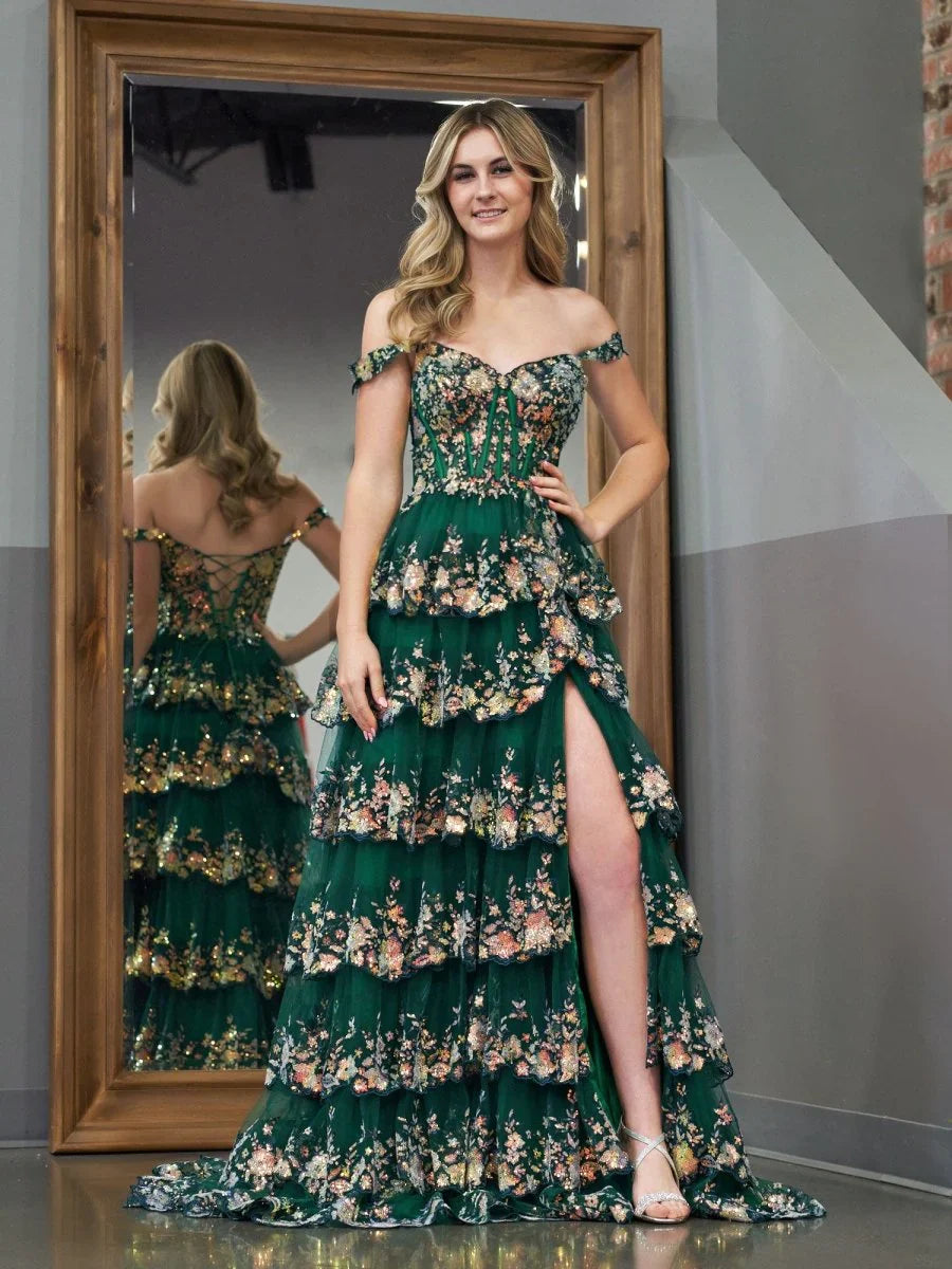 Green Crystal Sequins Princess A Line Off the Shoulder Prom Dress with Lace Ruffles