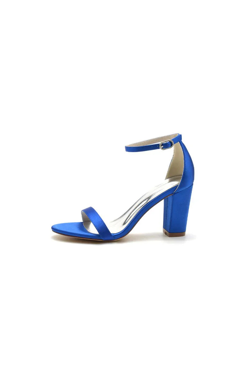 Satin Open Toe Ankle Strap Chunky Heels