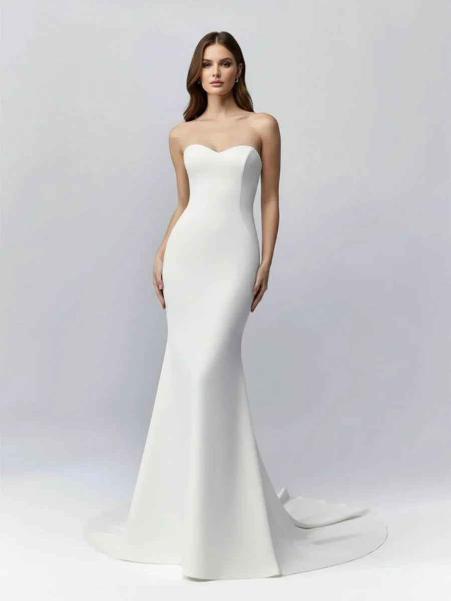 White Simple Sweep Train Boho Long Mermaid Wedding Dress