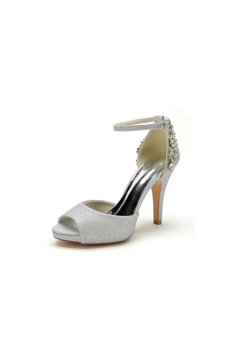 Peep Toe Chunky Heel Rhinestone Embellished