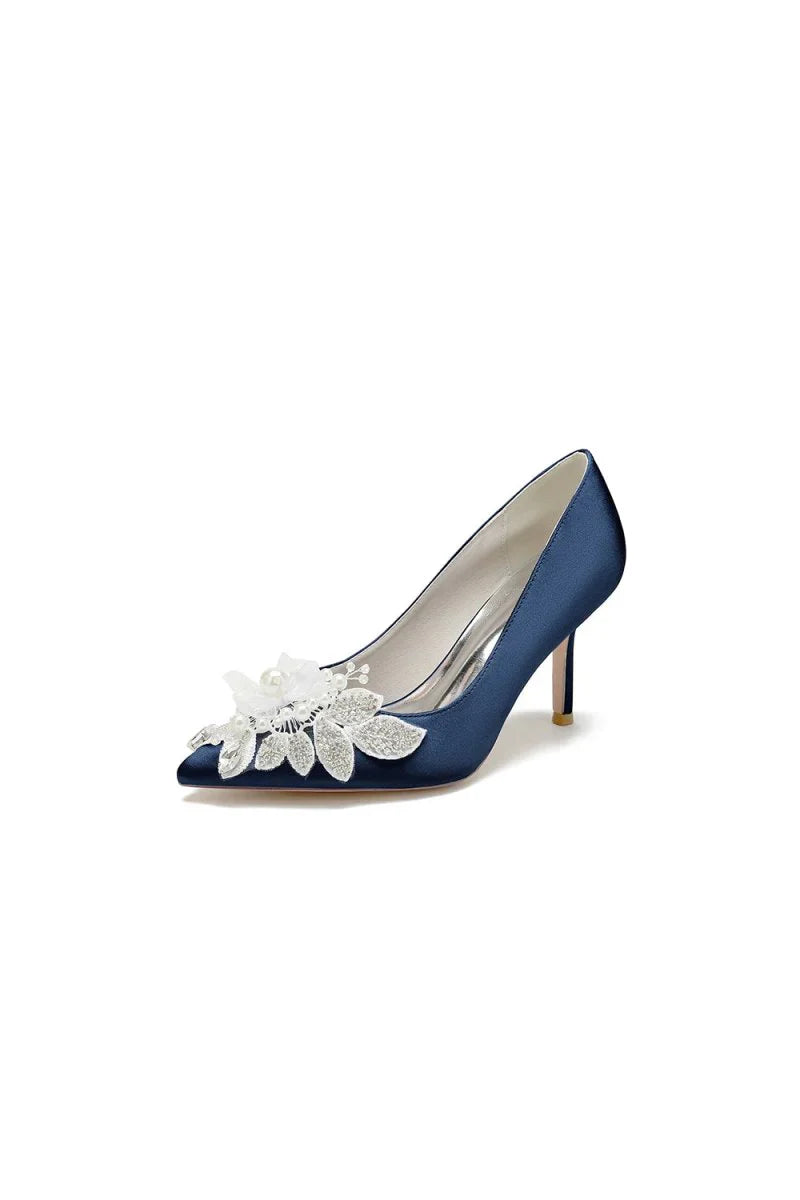 Pointed Toe Satin Bridal Heels with Crystal Flower