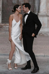 Charming Sheath Silk Satin Wedding Dresses with Slit