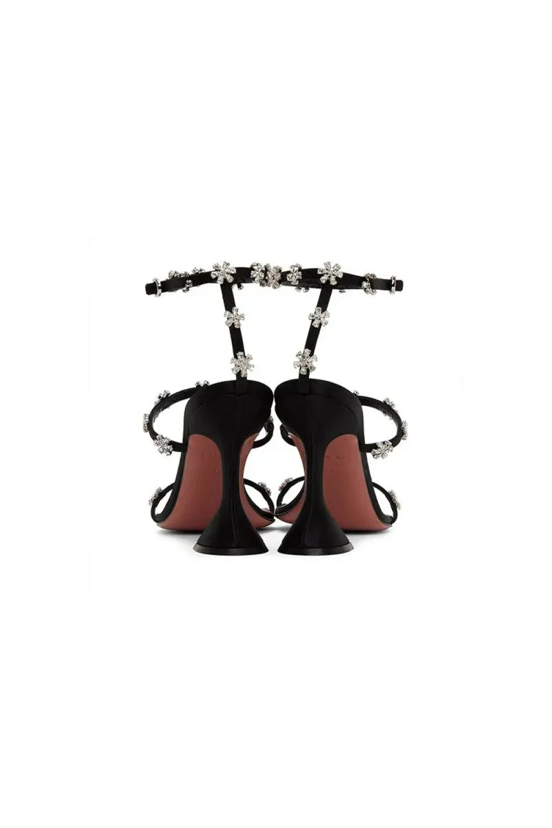 Black Ankle Straps Open Toe Chunky Heels with Flower Rhinestones