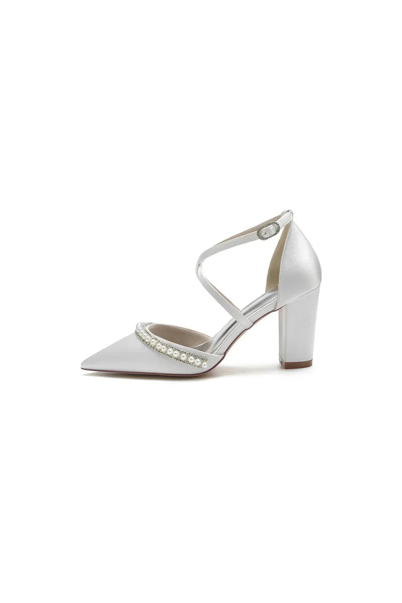 Champagne Satin Pump with Pearl and Metal Accents