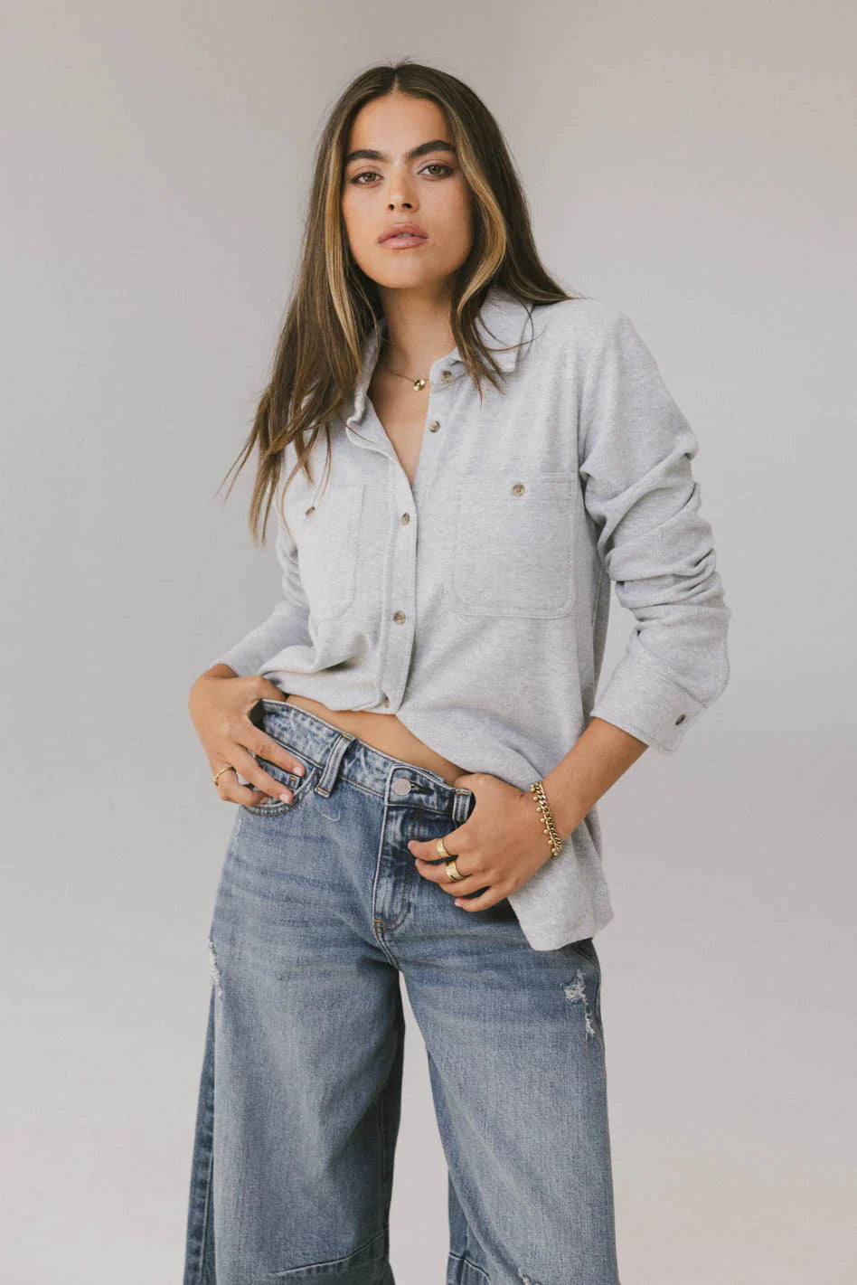 Mada Fleece Button Up in Grey FINAL SALE