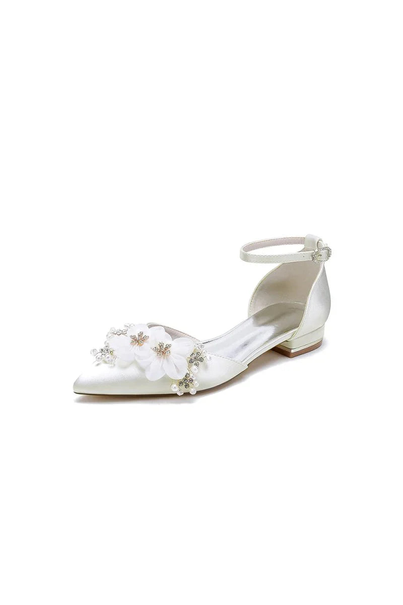 Ankle Strap Pointed Toe Low Heels with Rhinestone Flower