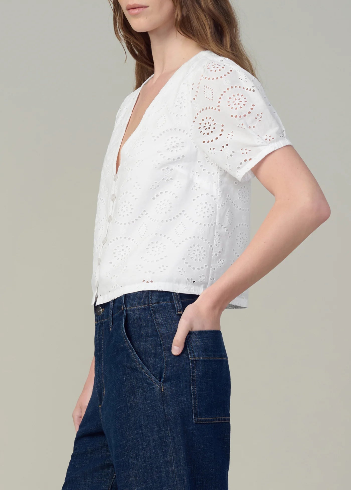 THE HALLE SHORT SLEEVE EYELET BLOUSE