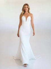 Simple White Boho Mermaid Satin Long Sleeveless Wedding Dress