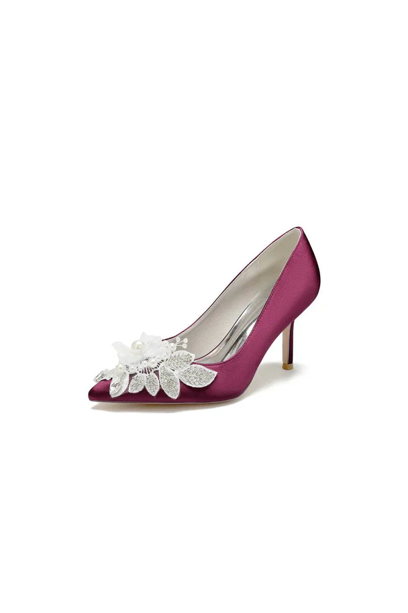 Pointed Toe Satin Bridal Heels with Crystal Flower